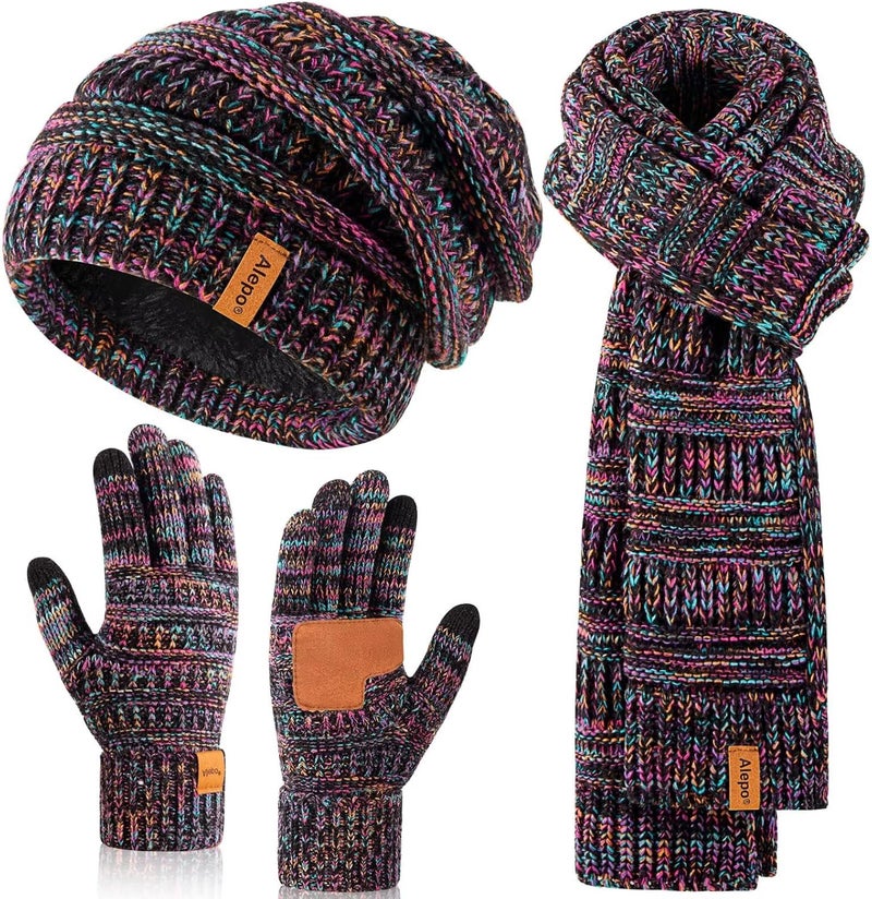 Alepo Winter Beanie Hat Scarf Gloves Set for Women, Slouchy Beanie Long Scarf Touchscreen Gloves, Warm 3 in 1 Set - Image 1